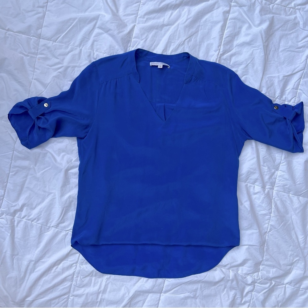 Amanda Uprichard | Blue 100% Silk Mandarin Collar Blouse Size Small